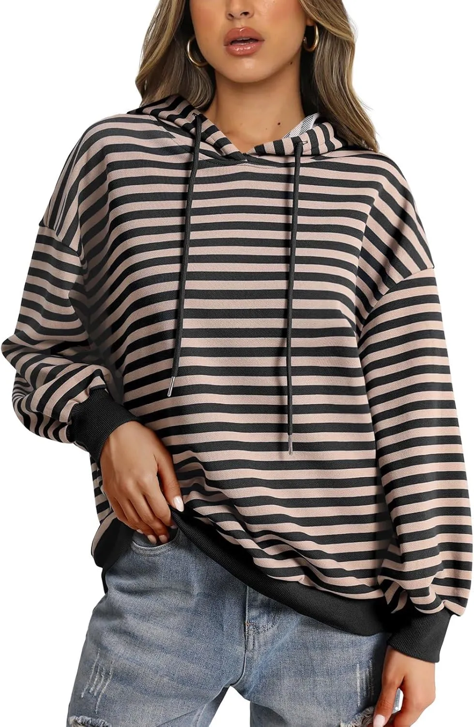 PINKMSTYLE Womens Oversized Hoodies Pullover Striped Sweatshirts Fall Long Sleeve Tops Trendy Outfits