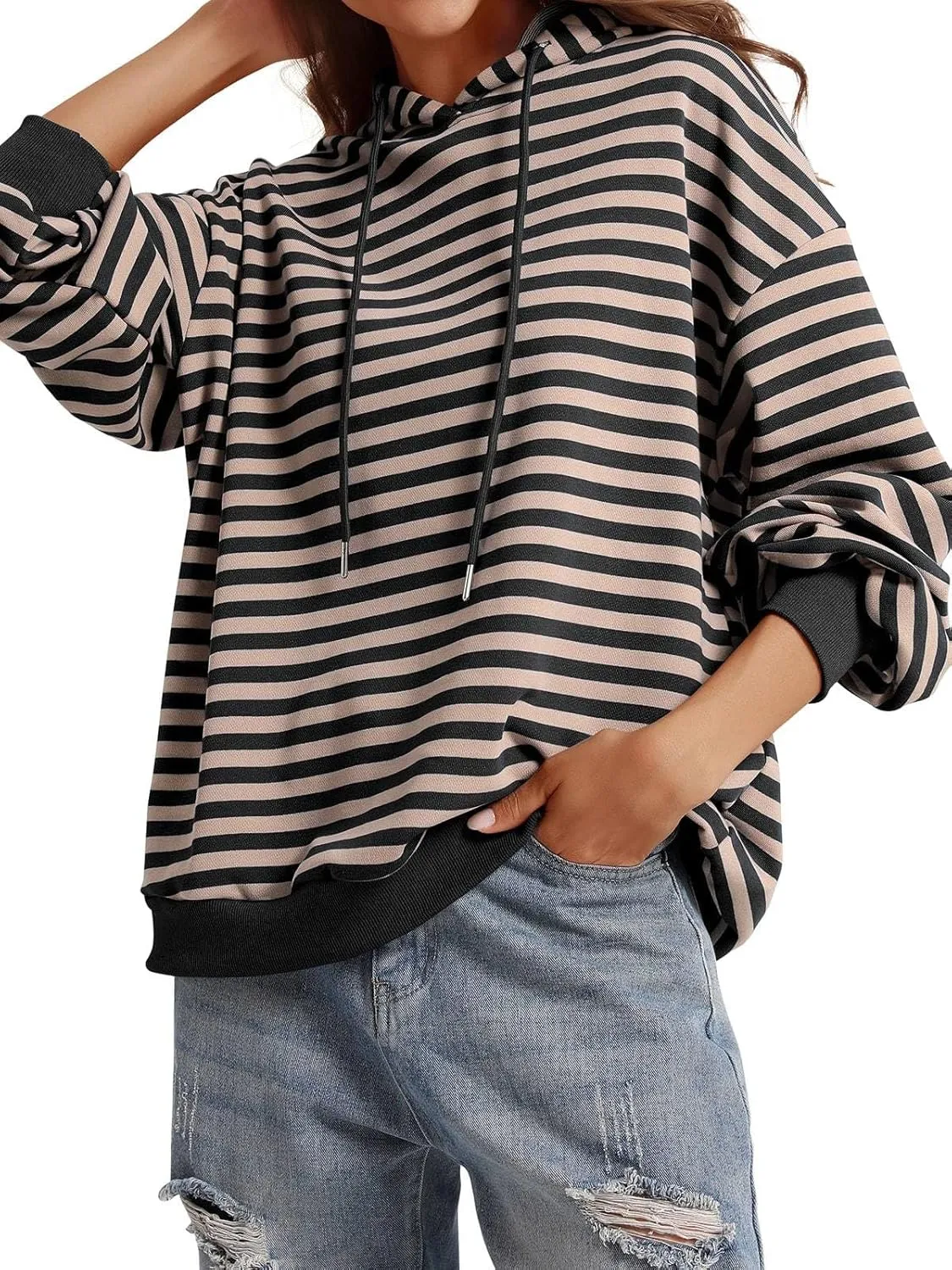 PINKMSTYLE Womens Oversized Hoodies Pullover Striped Sweatshirts Fall Long Sleeve Tops Trendy Outfits
