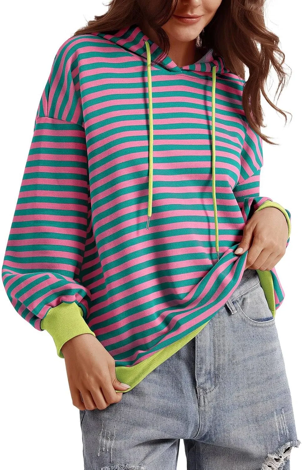 PINKMSTYLE Womens Oversized Hoodies Pullover Striped Sweatshirts Fall Long Sleeve Tops Trendy Outfits