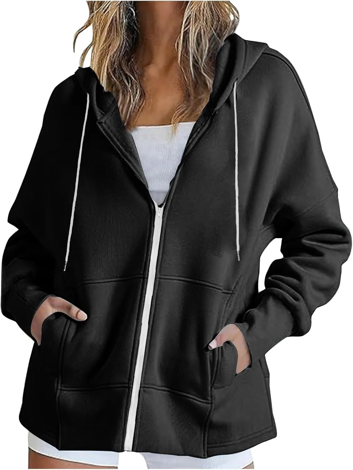 Plus Size Drawstring Sweatshirts for Women Long Sleeve Zip Up Oversized Casual Hoodies Jackets 2024 Fall Outfits