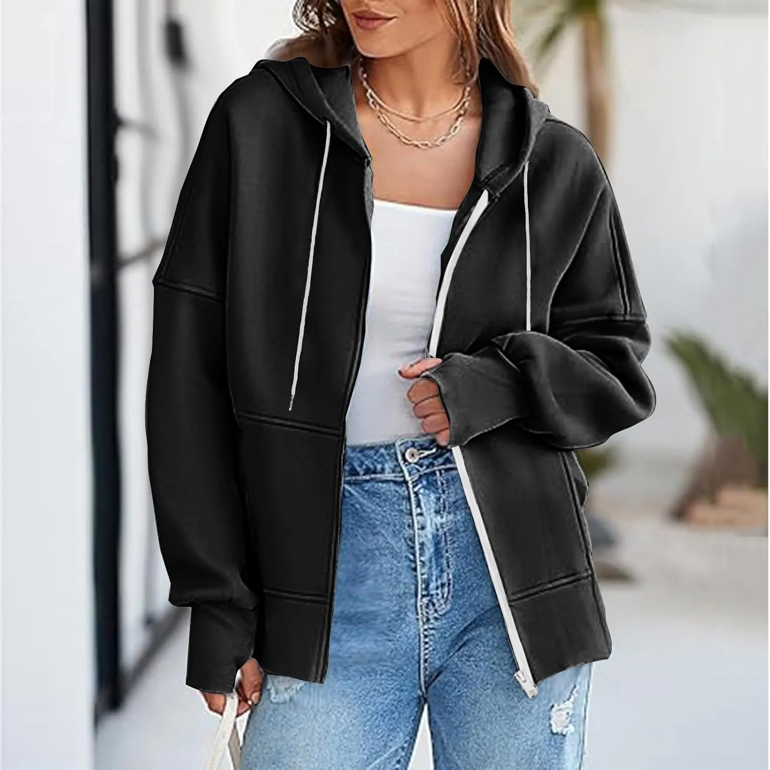 Plus Size Drawstring Sweatshirts for Women Long Sleeve Zip Up Oversized Casual Hoodies Jackets 2024 Fall Outfits
