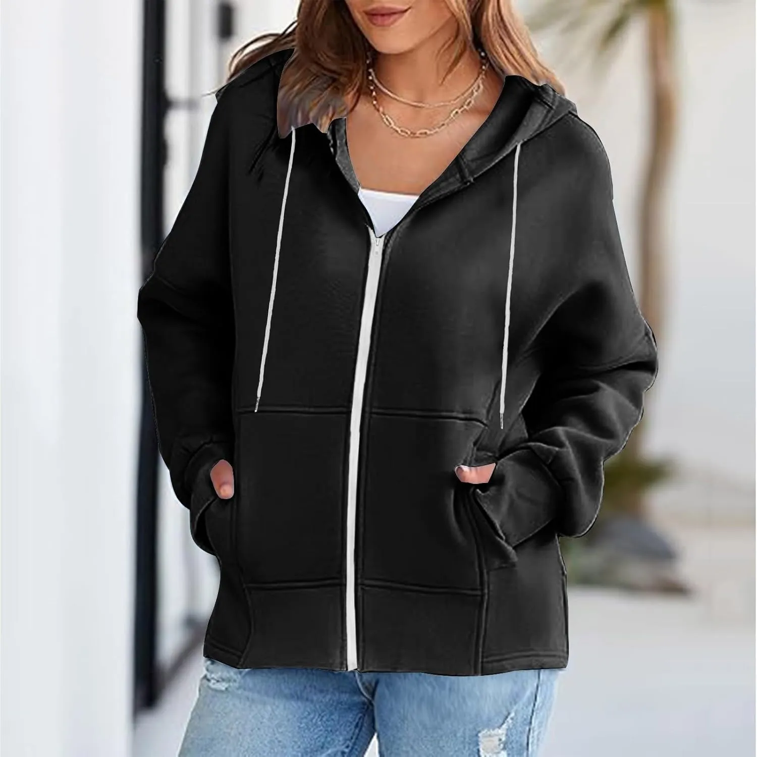 Plus Size Drawstring Sweatshirts for Women Long Sleeve Zip Up Oversized Casual Hoodies Jackets 2024 Fall Outfits
