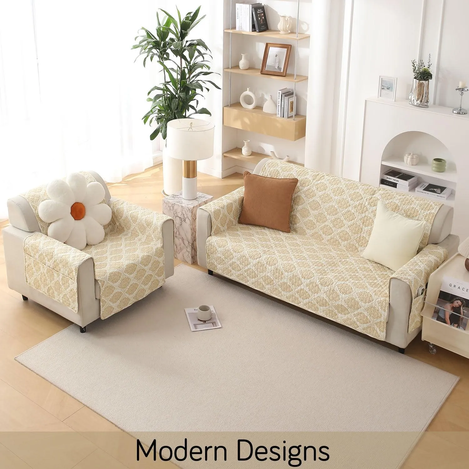 Quilted Printed Polyester Sofa Cover Mat for 1/2/3 Seater Sofa with Side Pockets, Pet Friendly, Ogee Ivory