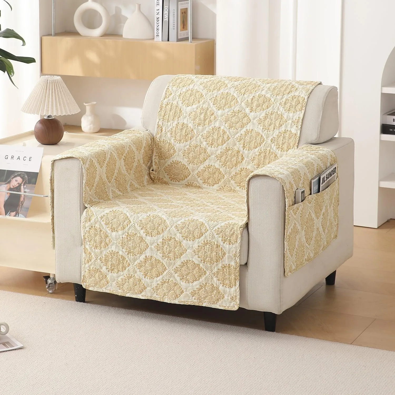 Quilted Printed Polyester Sofa Cover Mat for 1/2/3 Seater Sofa with Side Pockets, Pet Friendly, Ogee Ivory