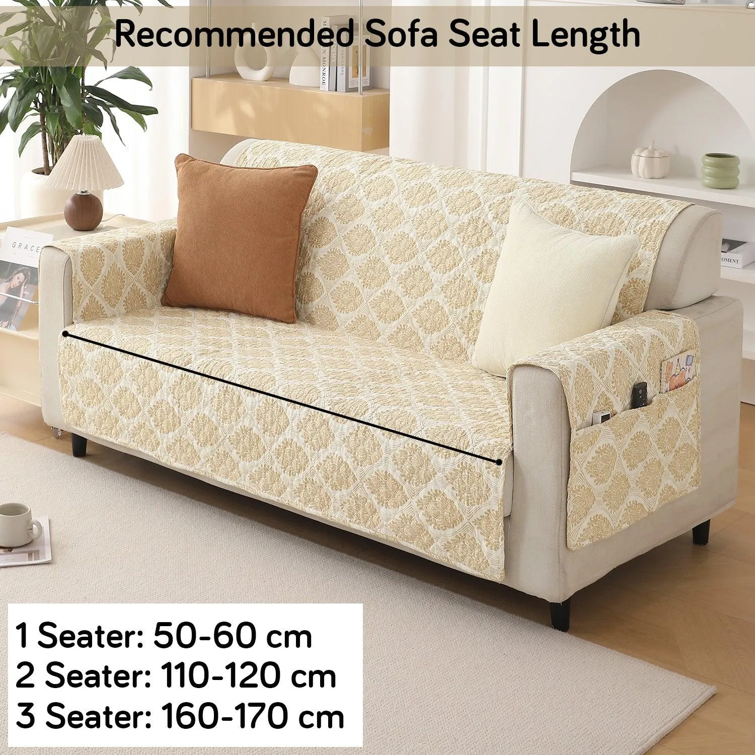 Quilted Printed Polyester Sofa Cover Mat for 1/2/3 Seater Sofa with Side Pockets, Pet Friendly, Ogee Ivory