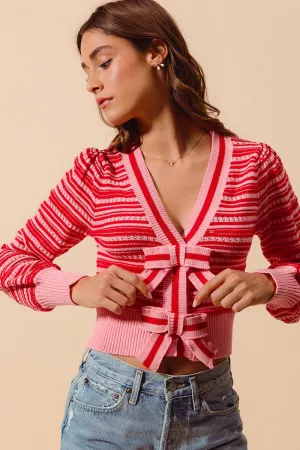 Ribbon Button Variegated Striped Cardigan
