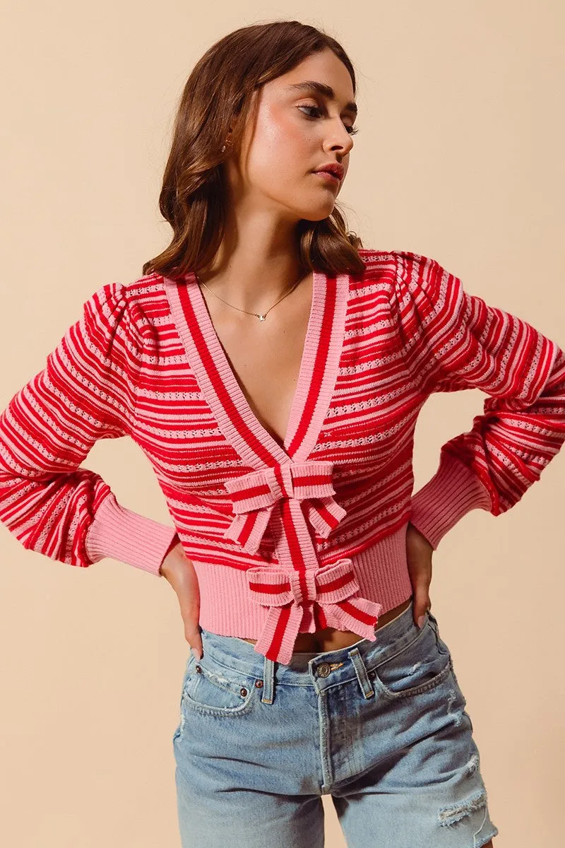 Ribbon Button Variegated Striped Cardigan