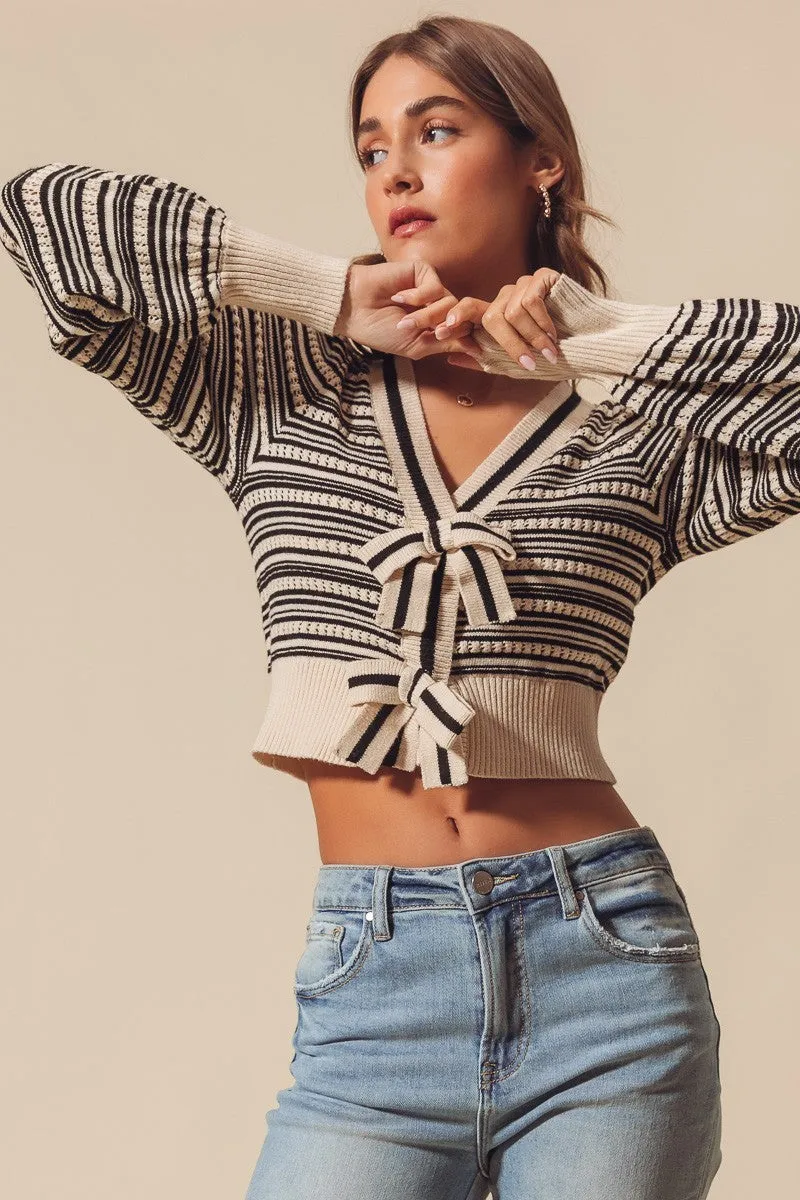 Ribbon Button Variegated Striped Cardigan