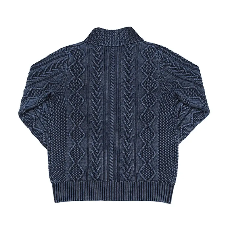 Shawl Collar Indigo Cotton Cardigan with Jacquard Pattern