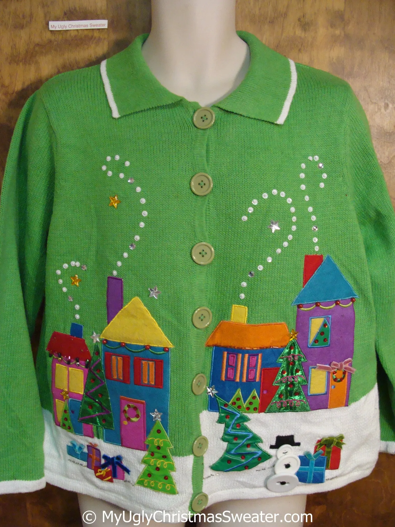 Tacky Bright Green Christmas Sweater with Winter Town