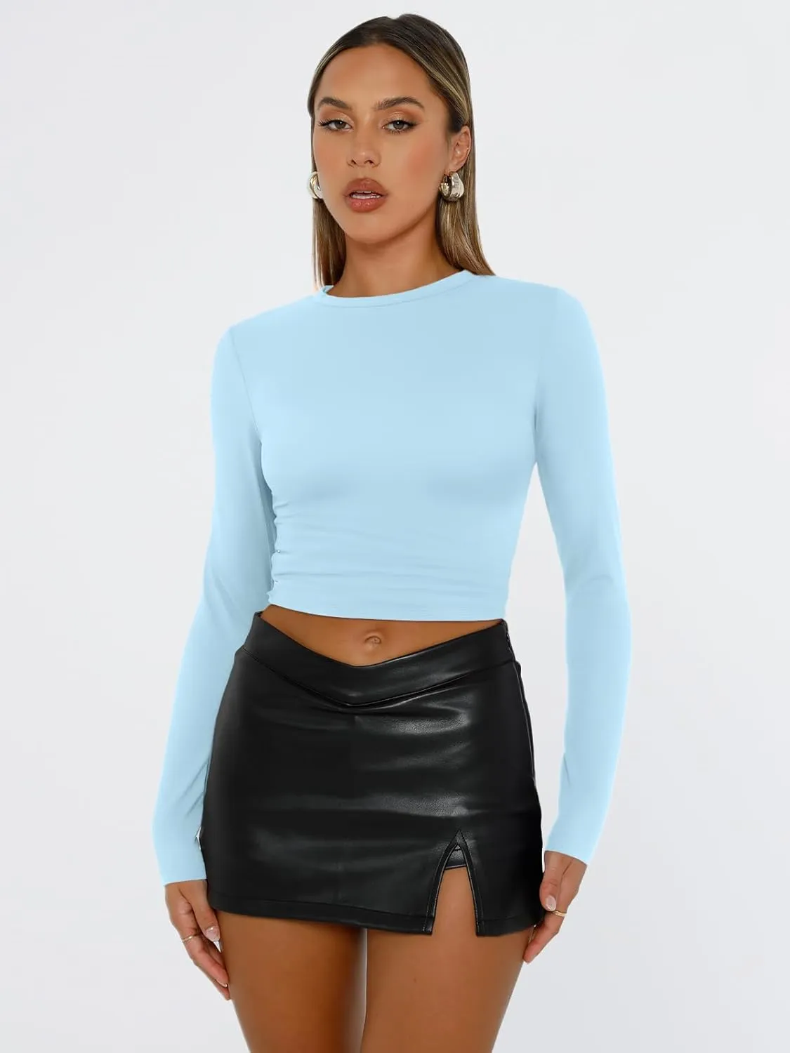 Trendy Queen Womens Long Sleeve Shirts Basic Tees Crop Tops Going Out Spring 2025 Workout Outfits Y2k Clothes