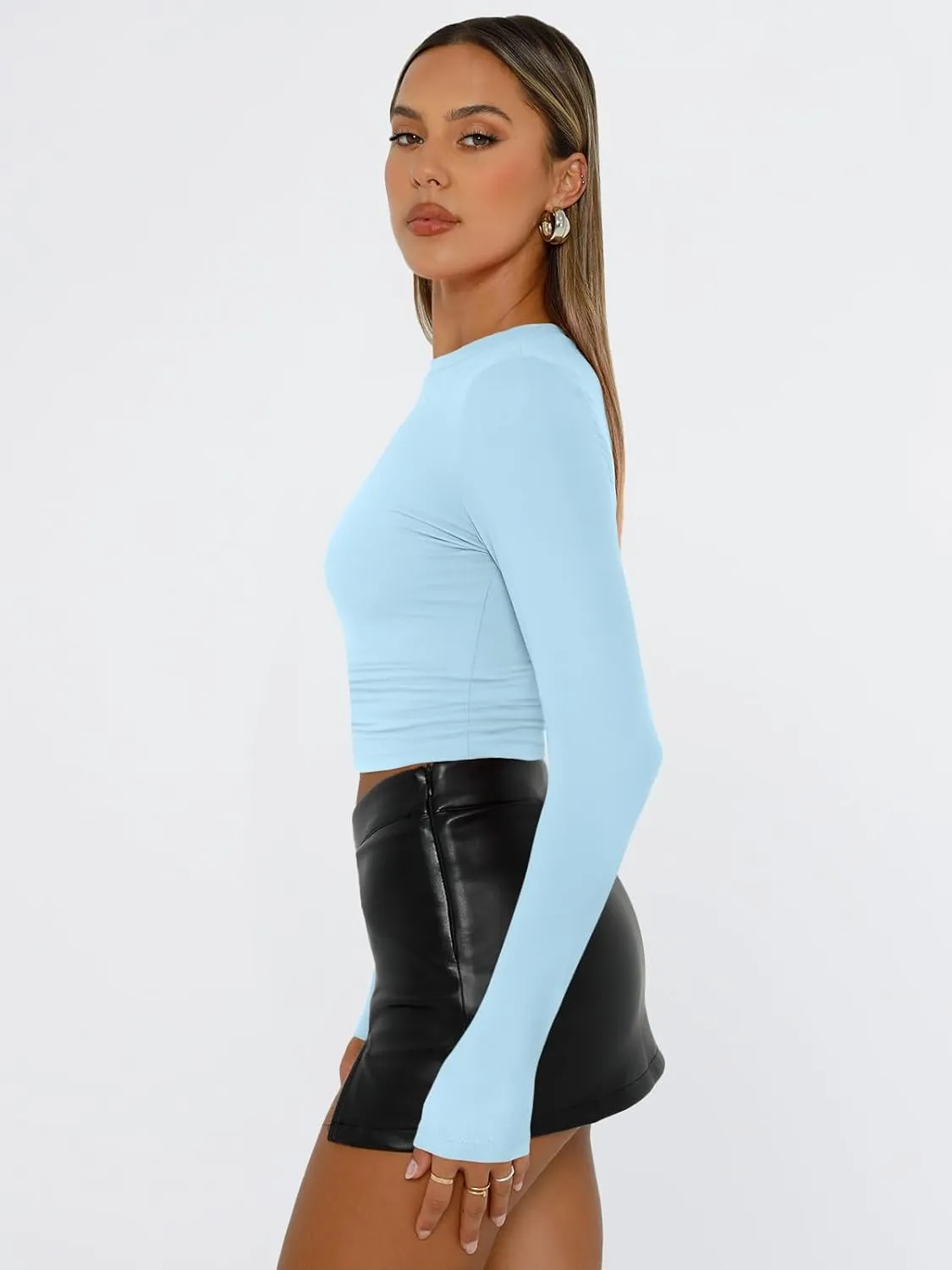 Trendy Queen Womens Long Sleeve Shirts Basic Tees Crop Tops Going Out Spring 2025 Workout Outfits Y2k Clothes