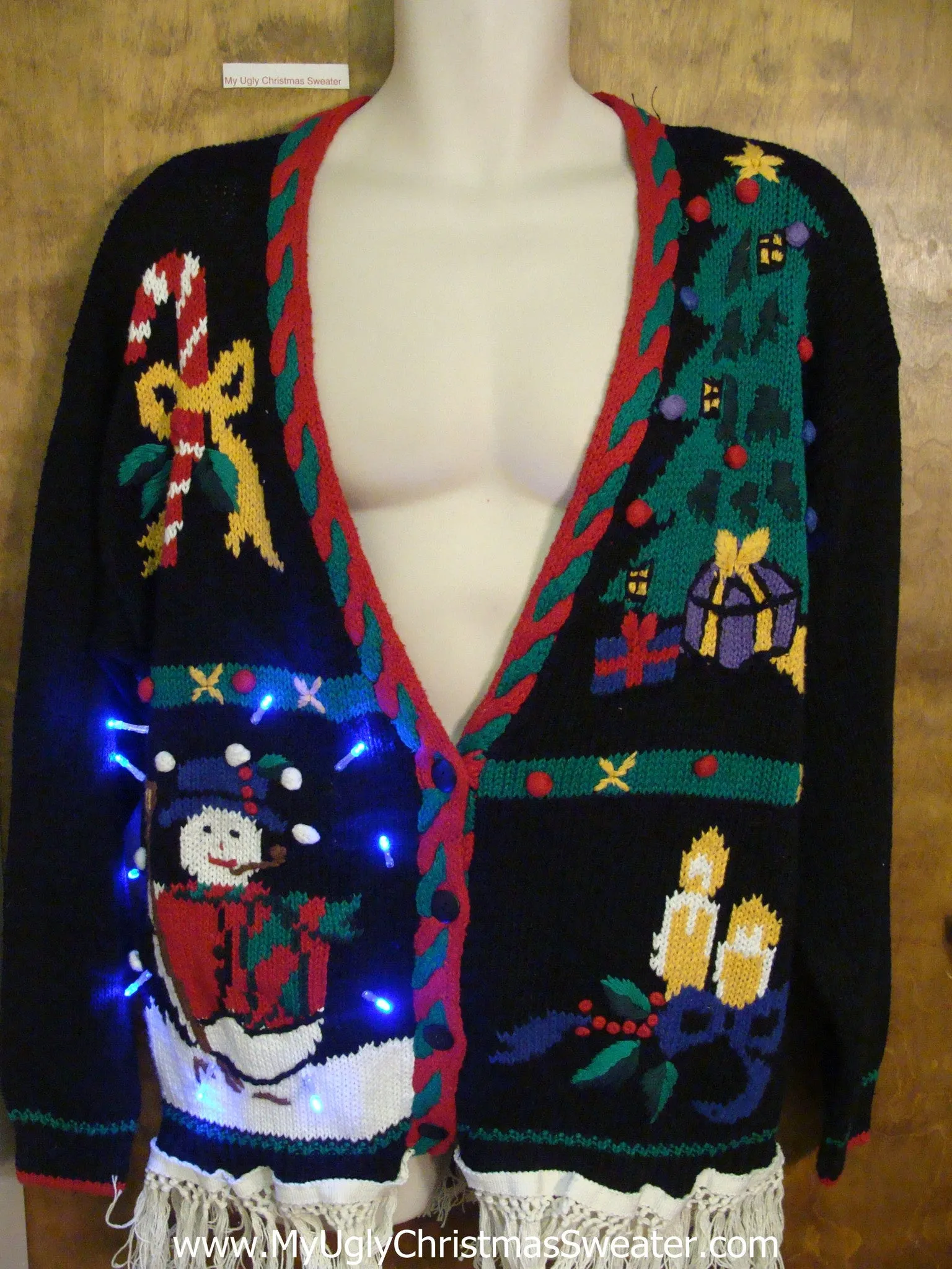 Ugly 80s Christmas Sweater with Lights and Dangling Fringe