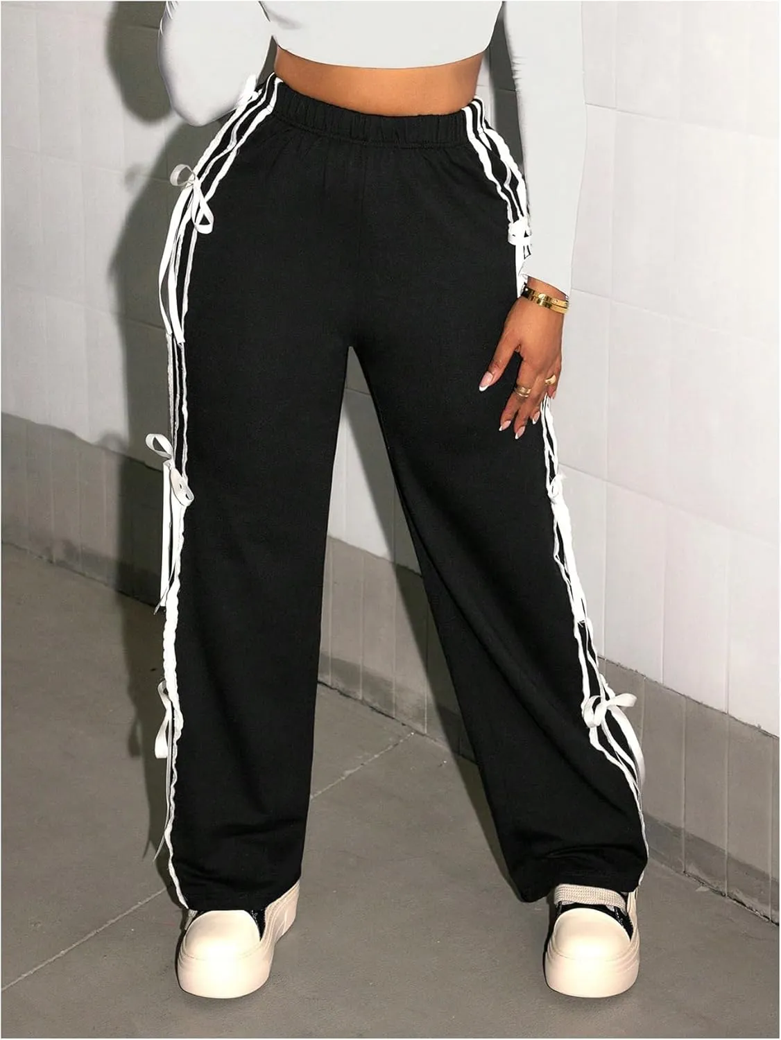 Verdusa Women's Side Stripe Print Bow Decor Pants Y2k Elastic Waist Loose Pants