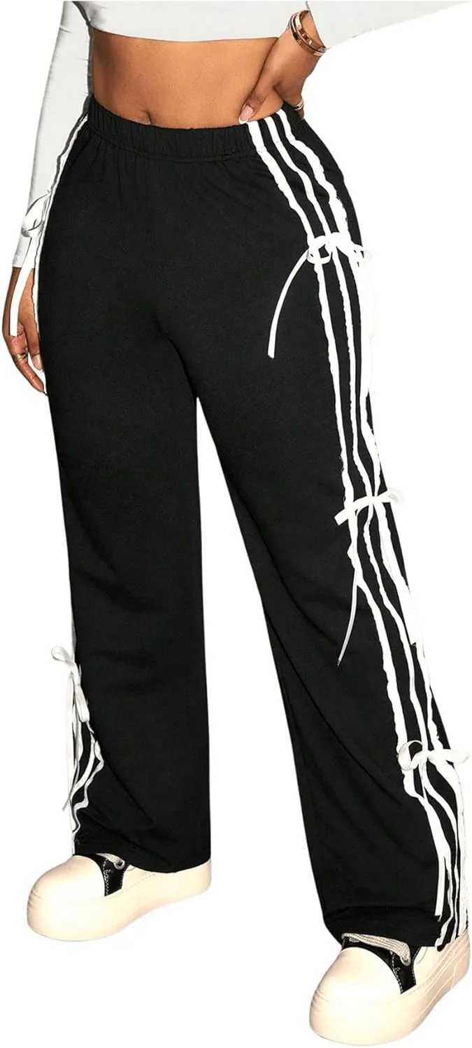 Verdusa Women's Side Stripe Print Bow Decor Pants Y2k Elastic Waist Loose Pants