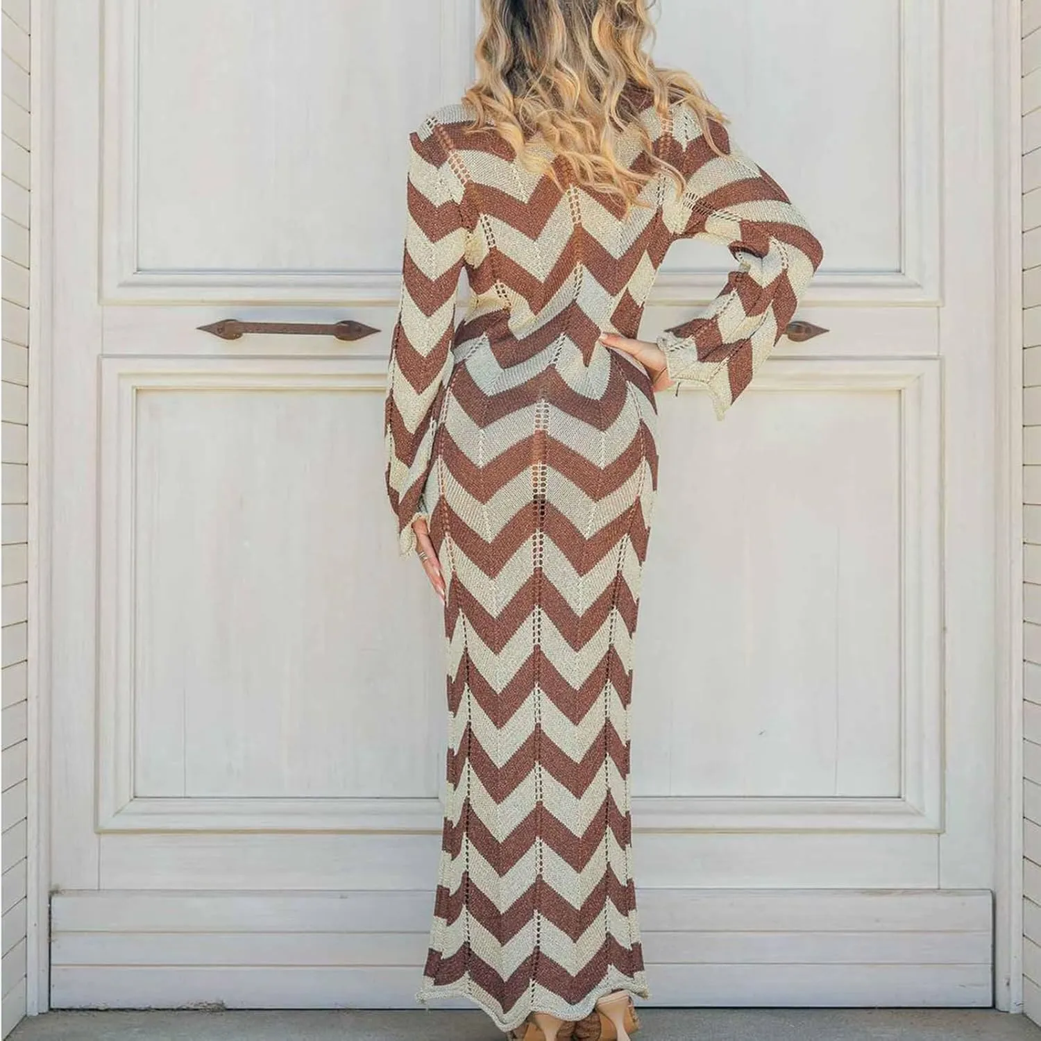 Women Long Sleeve Maxi Sweater Dress Striped Bow Tie Bodycon Knit Long Dress Hollow Out Color Block Maxi Sundress