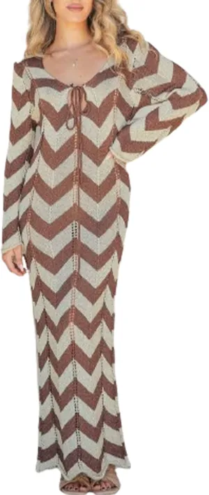 Women Long Sleeve Maxi Sweater Dress Striped Bow Tie Bodycon Knit Long Dress Hollow Out Color Block Maxi Sundress