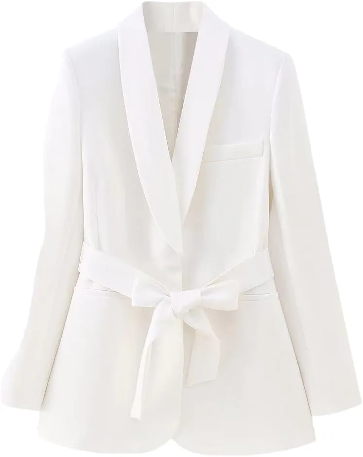 Women Orange Long Blazer Jacket Long Sleeve Single Breasted Belt Basic Office Blazers