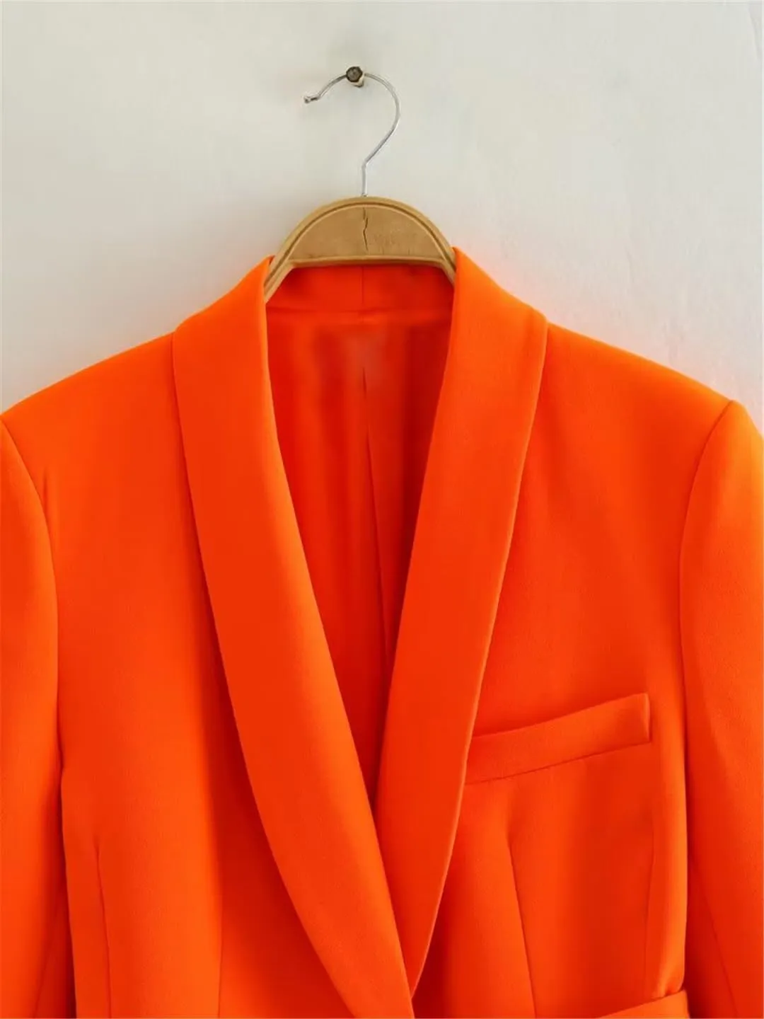 Women Orange Long Blazer Jacket Long Sleeve Single Breasted Belt Basic Office Blazers