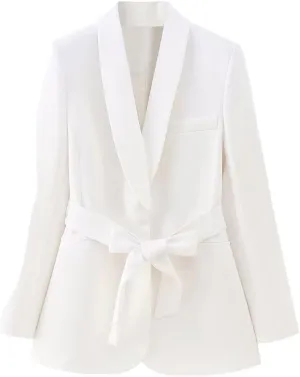 Women Orange Long Blazer Jacket Long Sleeve Single Breasted Belt Basic Office Blazers