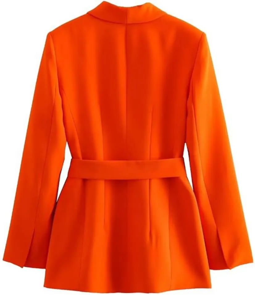 Women Orange Long Blazer Jacket Long Sleeve Single Breasted Belt Basic Office Blazers