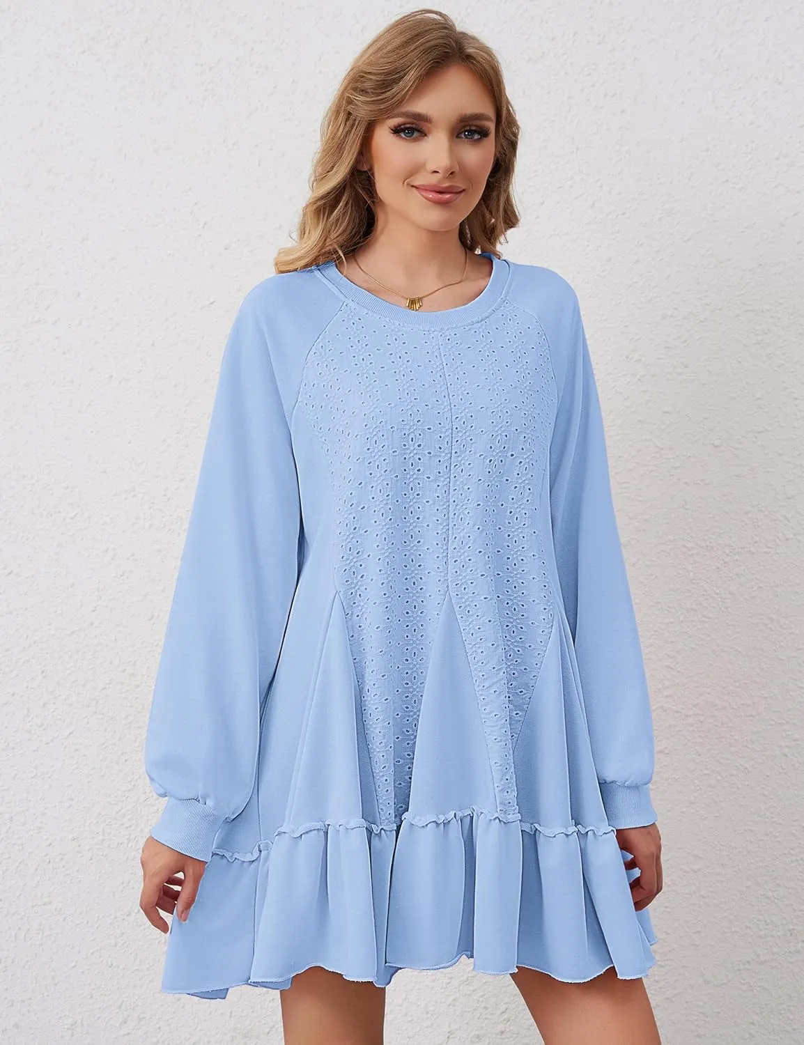 Women Oversized Sweatshirt Dress Hollow Out Patchwork Ruffle Hem Pullover Short Dresses Raglan Sleeve Flowy Dress