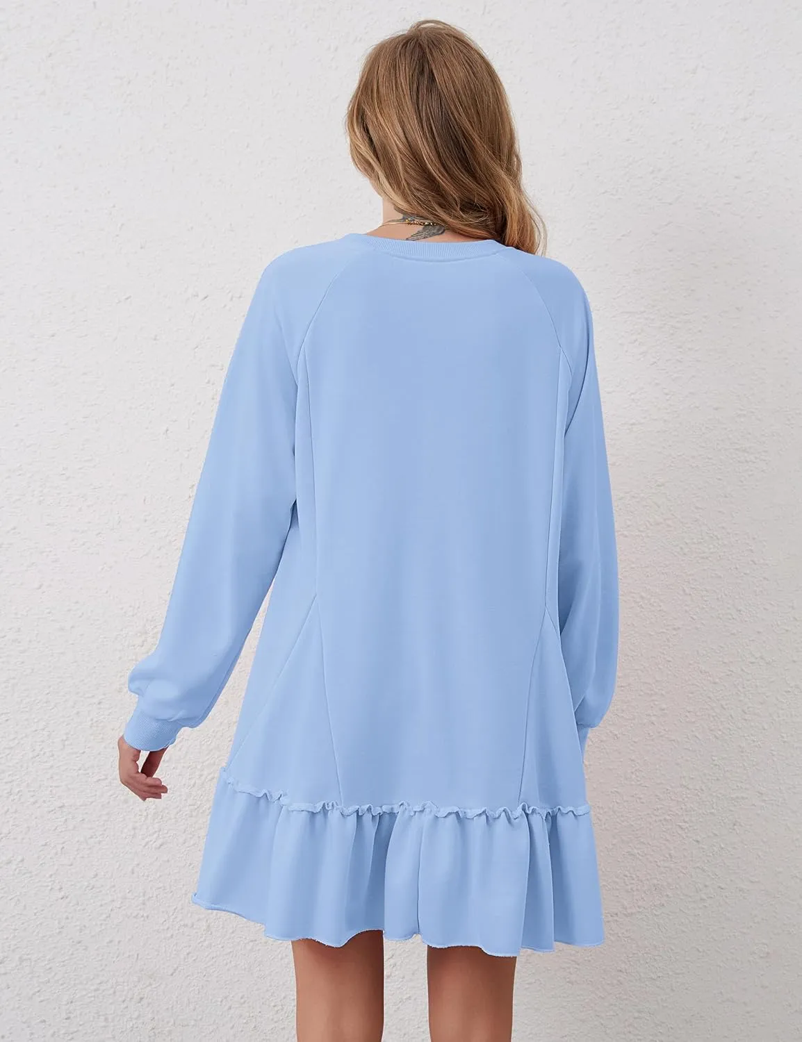 Women Oversized Sweatshirt Dress Hollow Out Patchwork Ruffle Hem Pullover Short Dresses Raglan Sleeve Flowy Dress