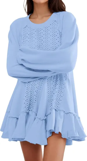Women Oversized Sweatshirt Dress Hollow Out Patchwork Ruffle Hem Pullover Short Dresses Raglan Sleeve Flowy Dress