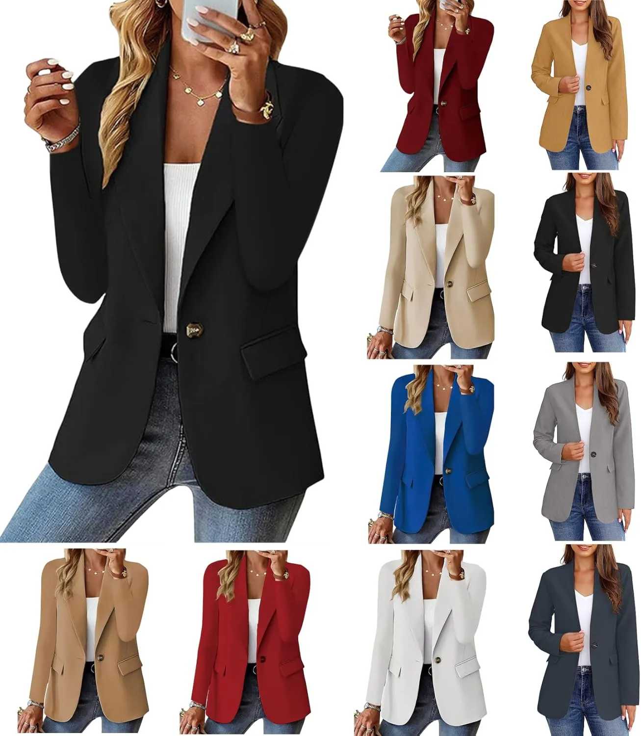 Womens Business Blazers Jackets Casual Long Sleeve Lapel Coats Open Front Tops Button Down Work Outwear with Pockets