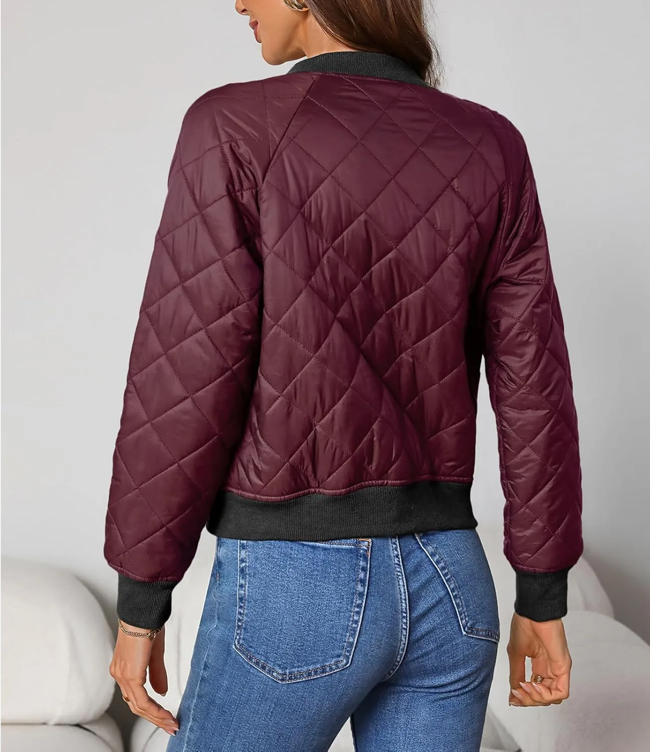Women's Quilted Jackets Lightweight Zip up Bomber Jacket Long Sleeve Casual Y2K Jacket with Pockets